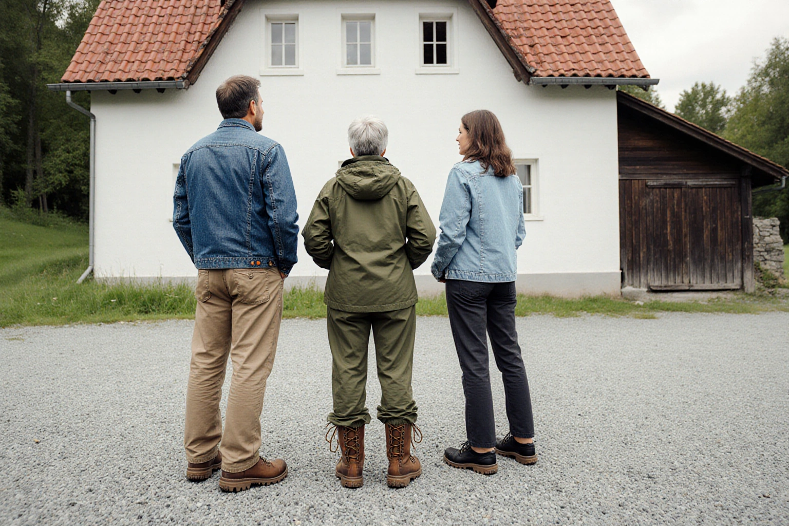 Paar und Immobilienbegleiter besichtigen eine Hofstelle