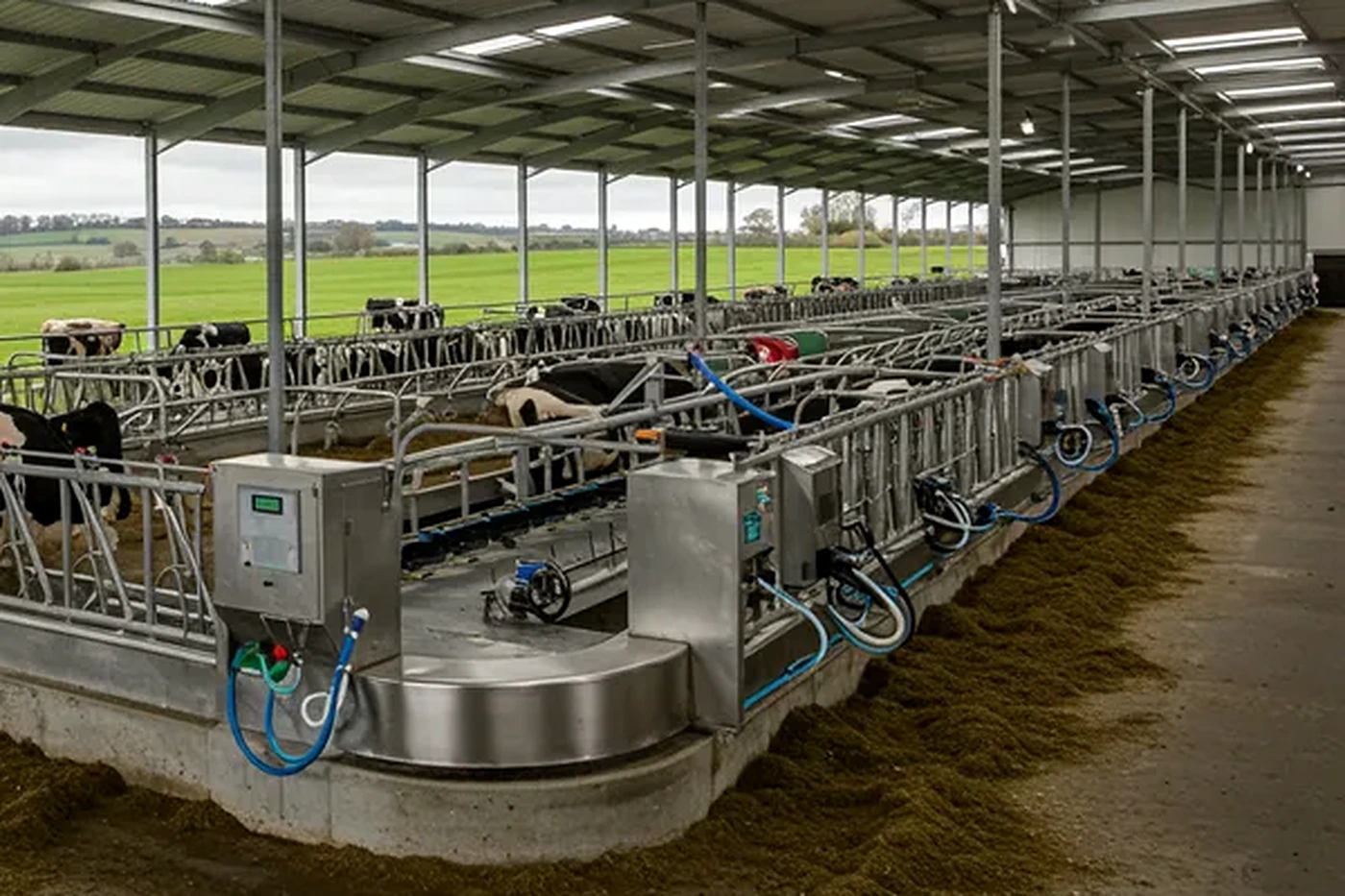 Moderner Milchviehbetrieb mit technischer Stall- und Fütterungsinfrastruktur