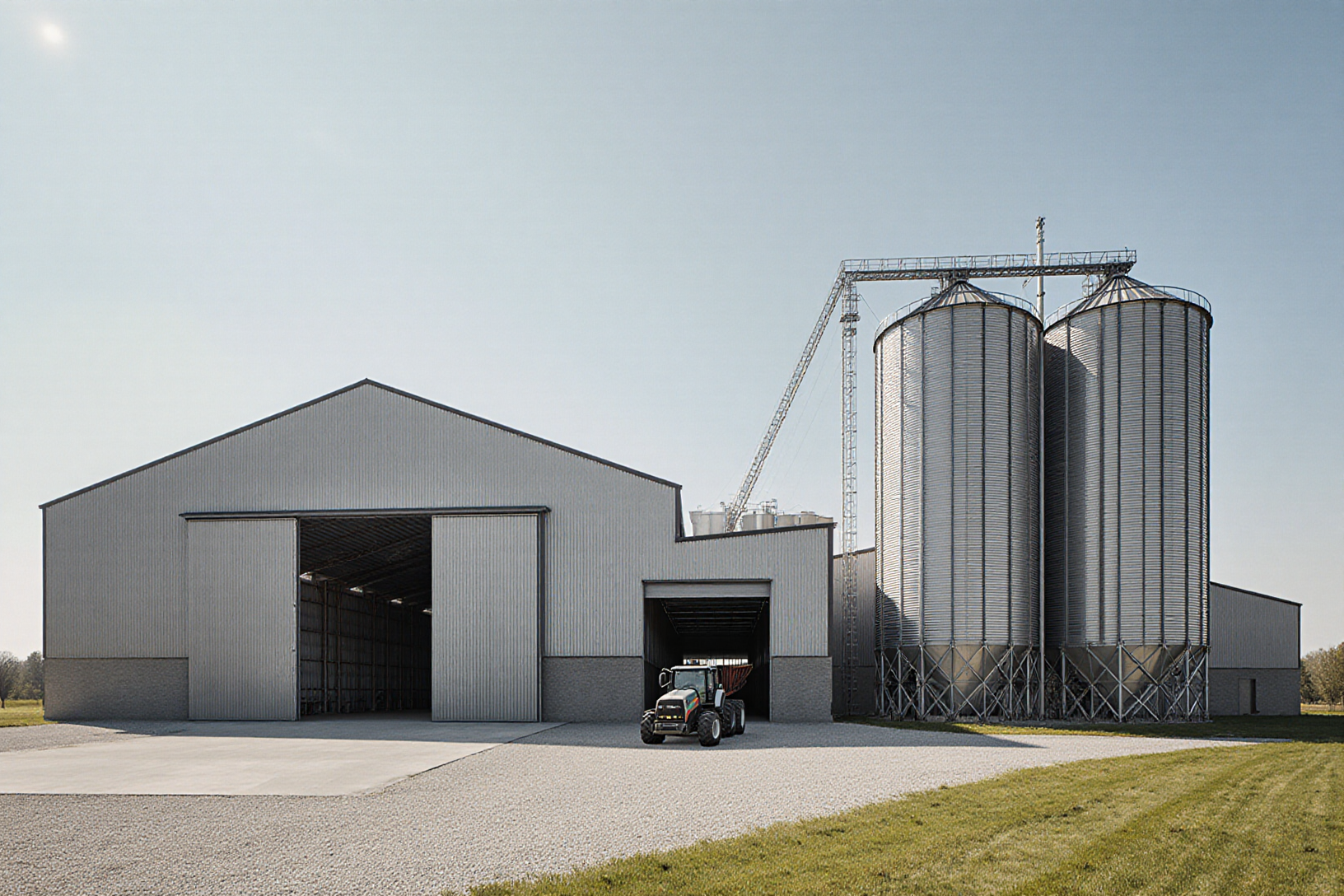 Landwirtschaftliche Lagerhalle mit Silos und Traktor